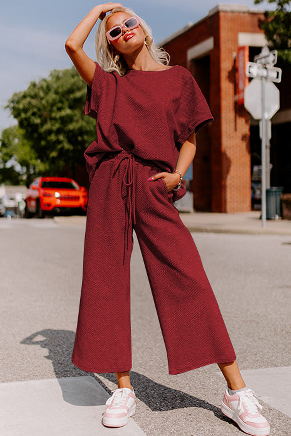 Textured Loose Fit T Shirt and Drawstring Trousers Co-ord Set - eAura