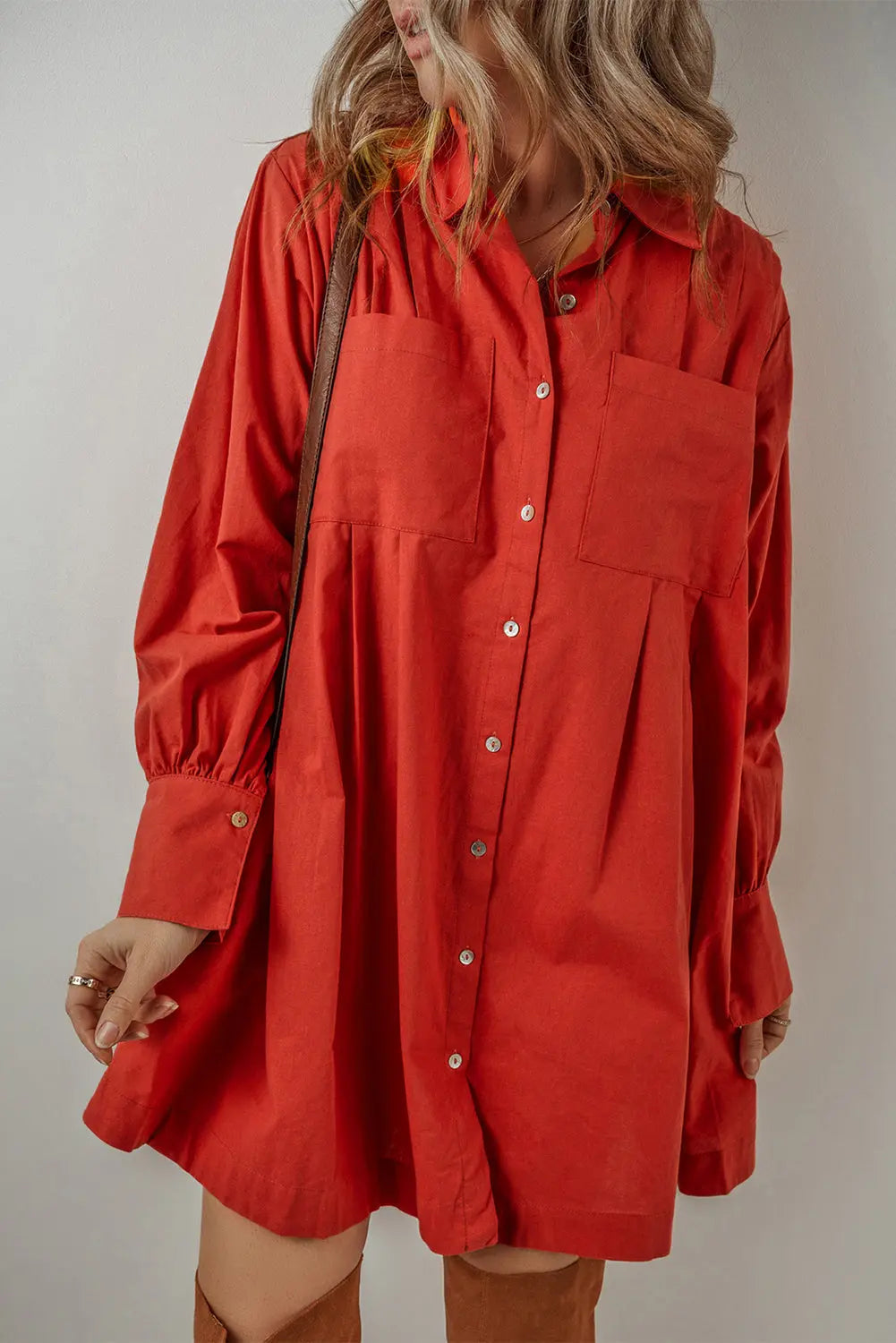 Tomato Red Bishop Sleeve Button Up Pleated Mini Shirt Dress - eAura