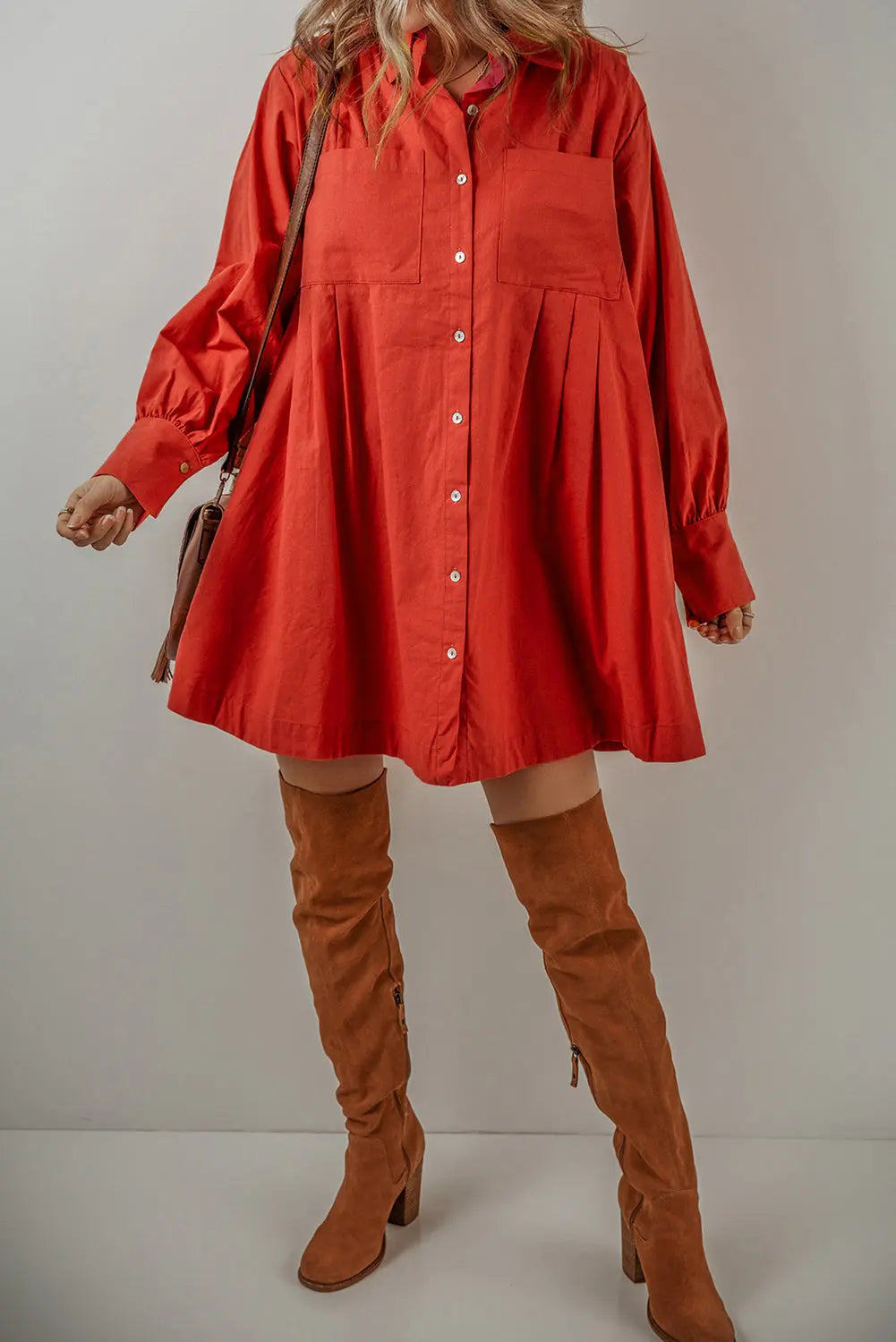 Tomato Red Bishop Sleeve Button Up Pleated Mini Shirt Dress - eAura