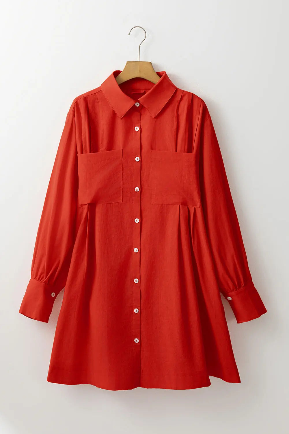 Tomato Red Bishop Sleeve Button Up Pleated Mini Shirt Dress - eAura