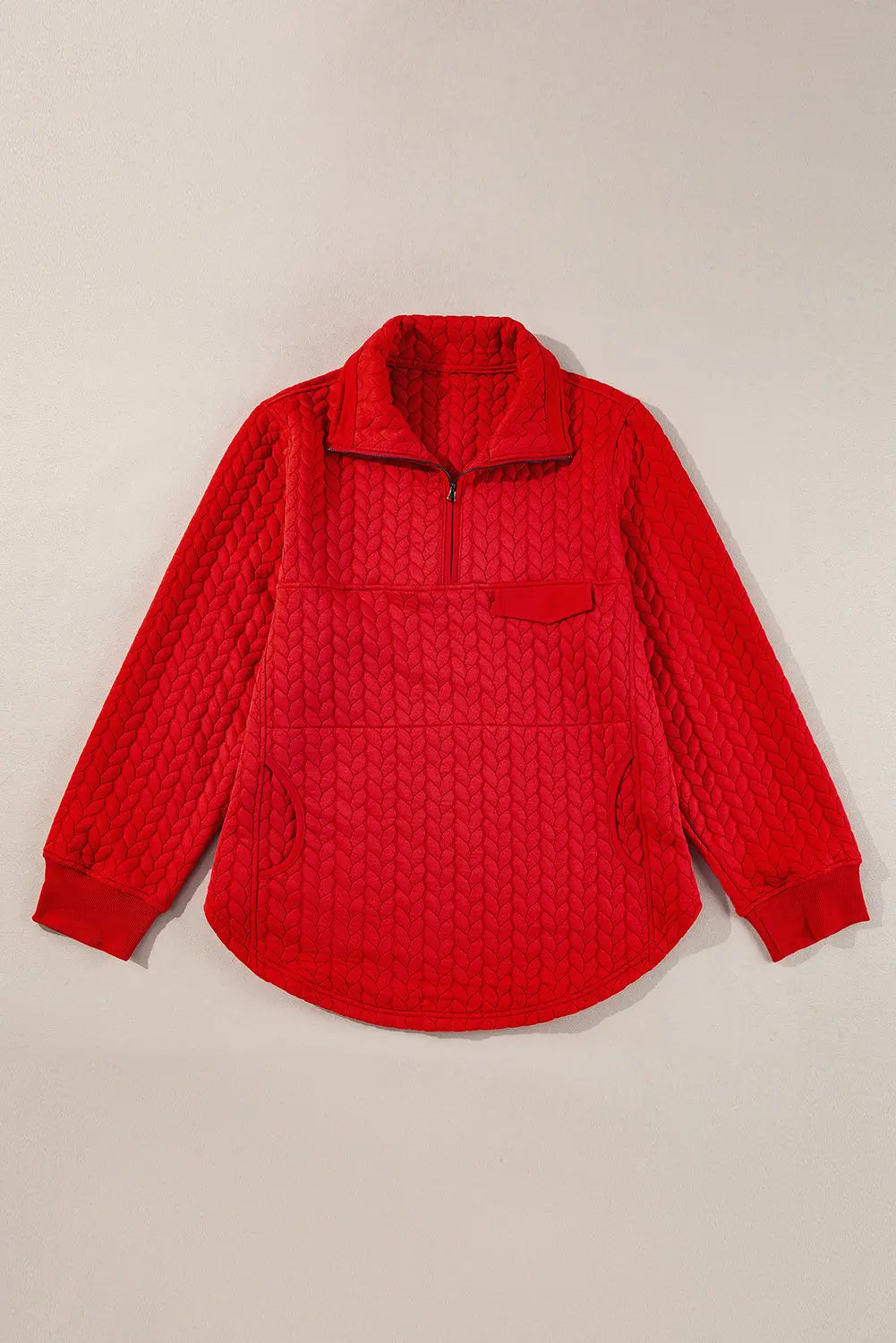 Tomato Red Cable Textured Quarter Zip Pocketed Plus Size Pullover Beagle Boutique Fashion Outlet