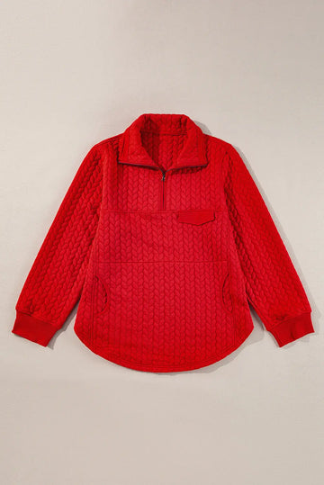Tomato Red Cable Textured Quarter Zip Pocketed Plus Size Pullover Beagle Boutique Fashion Outlet