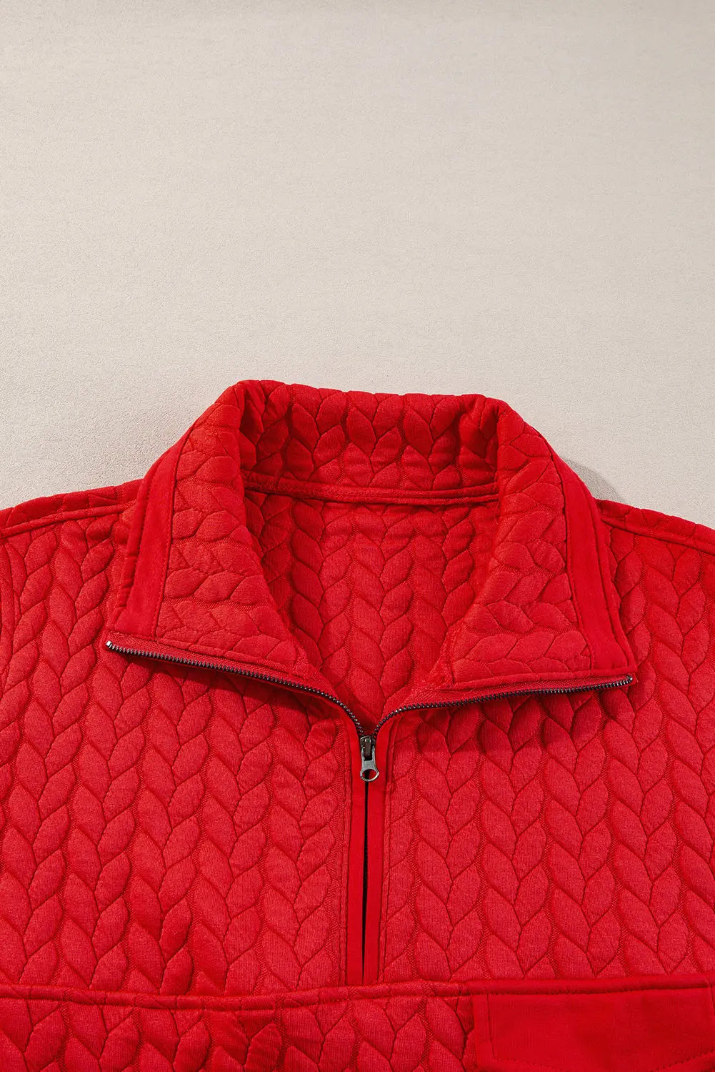 Tomato Red Cable Textured Quarter Zip Pocketed Plus Size Pullover Beagle Boutique Fashion Outlet