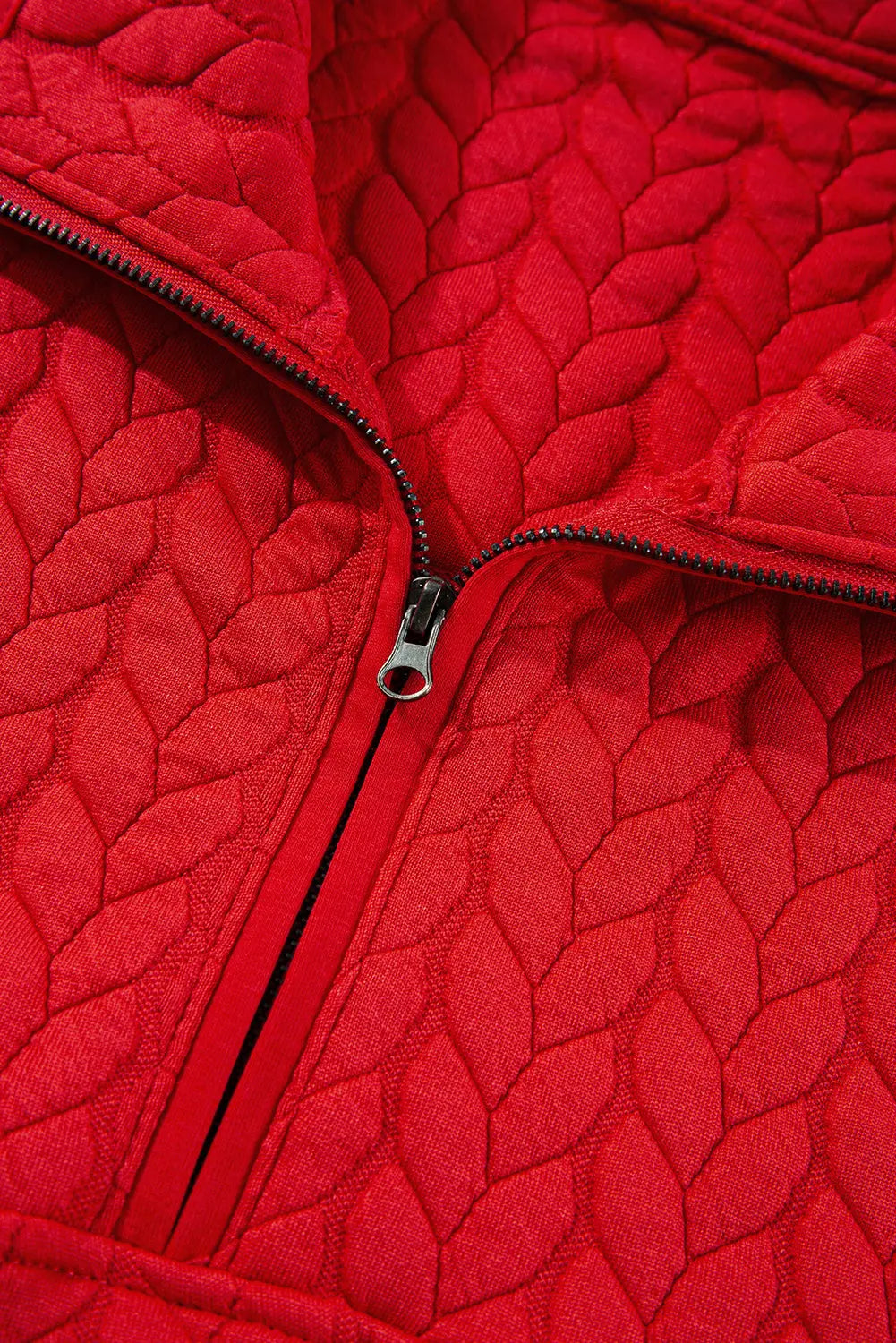 Tomato Red Cable Textured Quarter Zip Pocketed Plus Size Pullover Beagle Boutique Fashion Outlet