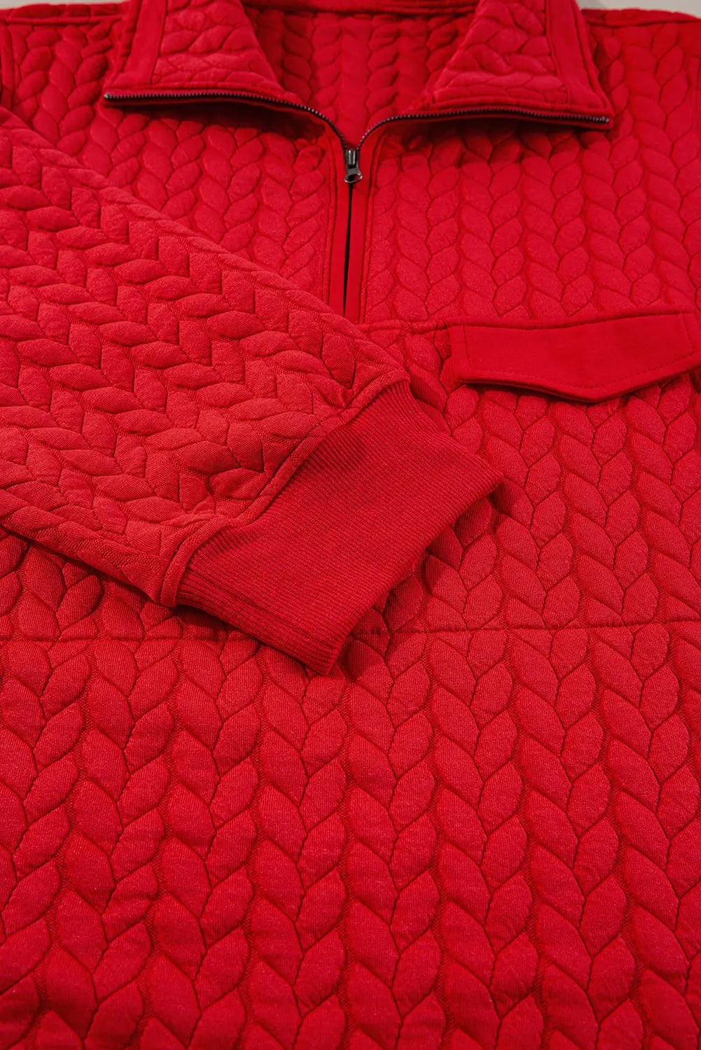 Tomato Red Cable Textured Quarter Zip Pocketed Plus Size Pullover Beagle Boutique Fashion Outlet