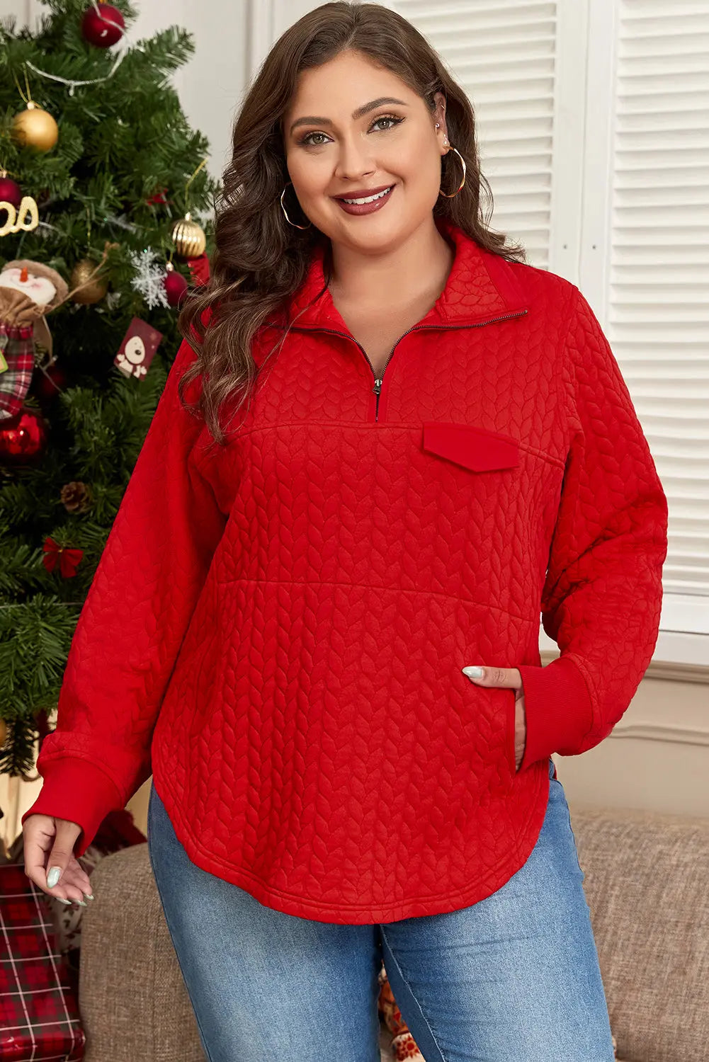 Tomato Red Cable Textured Quarter Zip Pocketed Plus Size Pullover Beagle Boutique Fashion Outlet