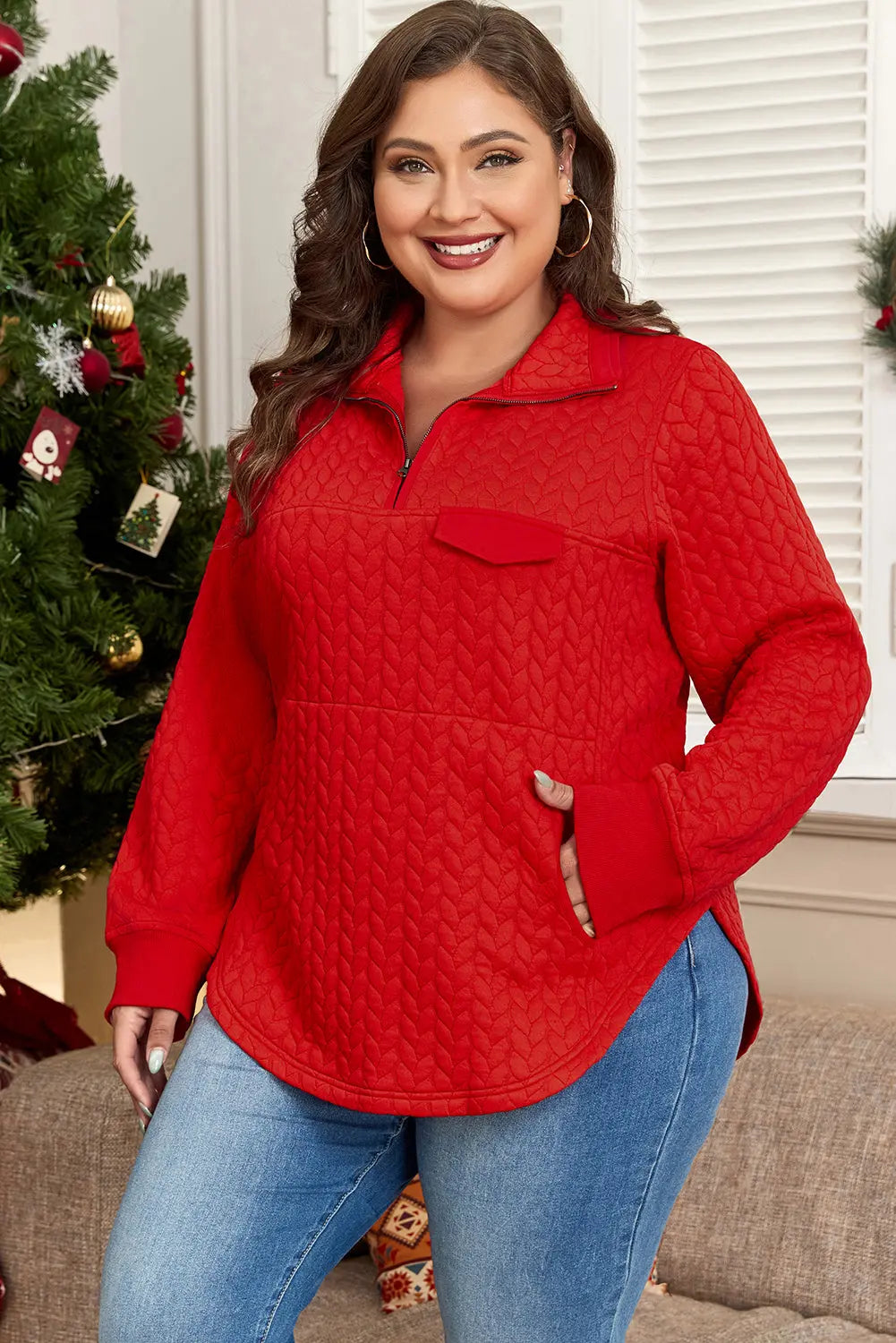 Tomato Red Cable Textured Quarter Zip Pocketed Plus Size Pullover Beagle Boutique Fashion Outlet