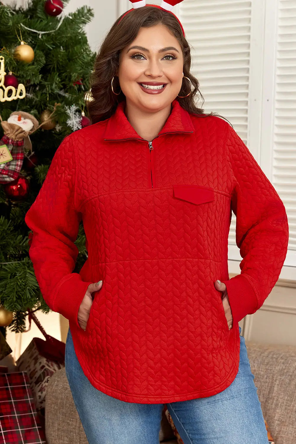 Tomato Red Cable Textured Quarter Zip Pocketed Plus Size Pullover Beagle Boutique Fashion Outlet