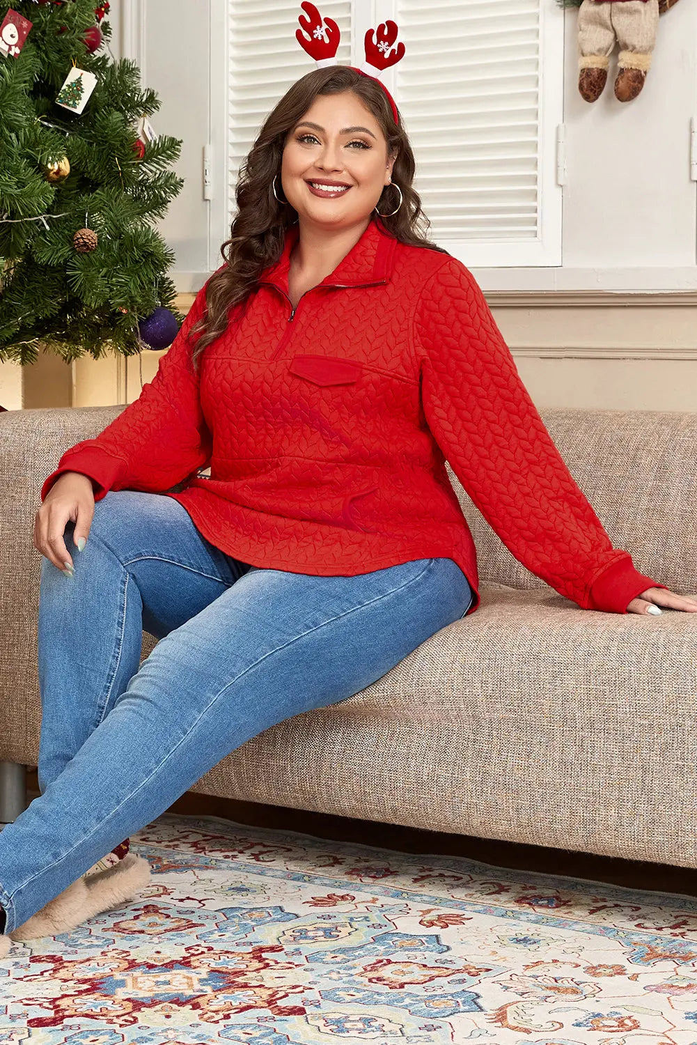 Tomato Red Cable Textured Quarter Zip Pocketed Plus Size Pullover Beagle Boutique Fashion Outlet