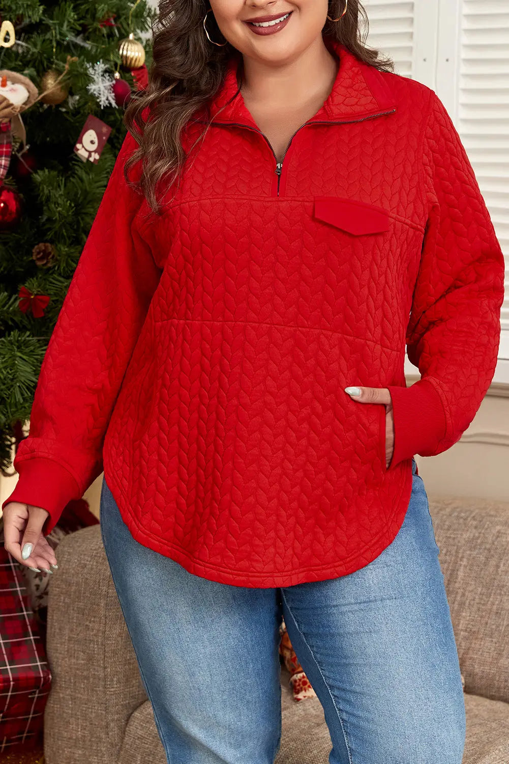 Tomato Red Cable Textured Quarter Zip Pocketed Plus Size Pullover Beagle Boutique Fashion Outlet