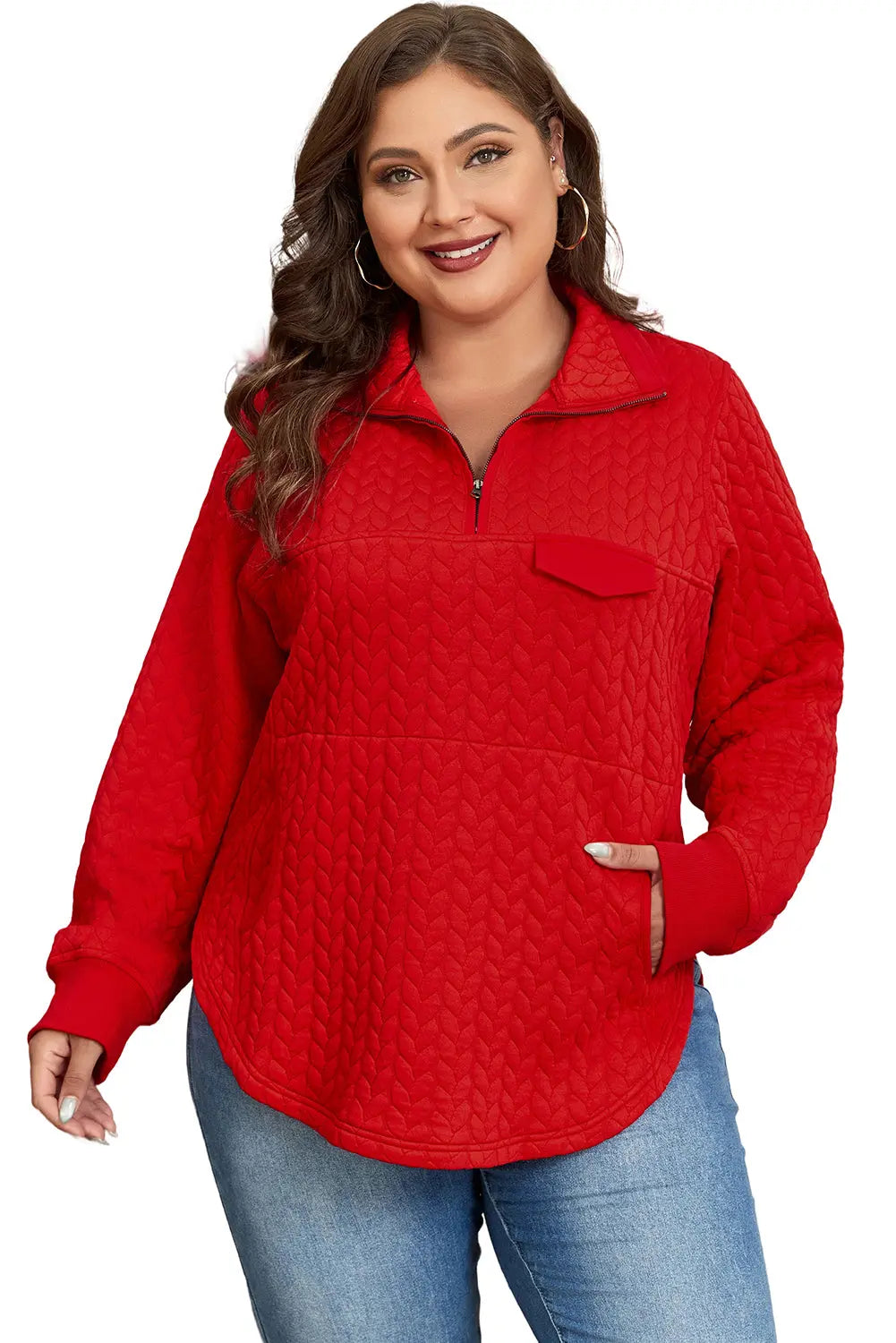 Tomato Red Cable Textured Quarter Zip Pocketed Plus Size Pullover Beagle Boutique Fashion Outlet
