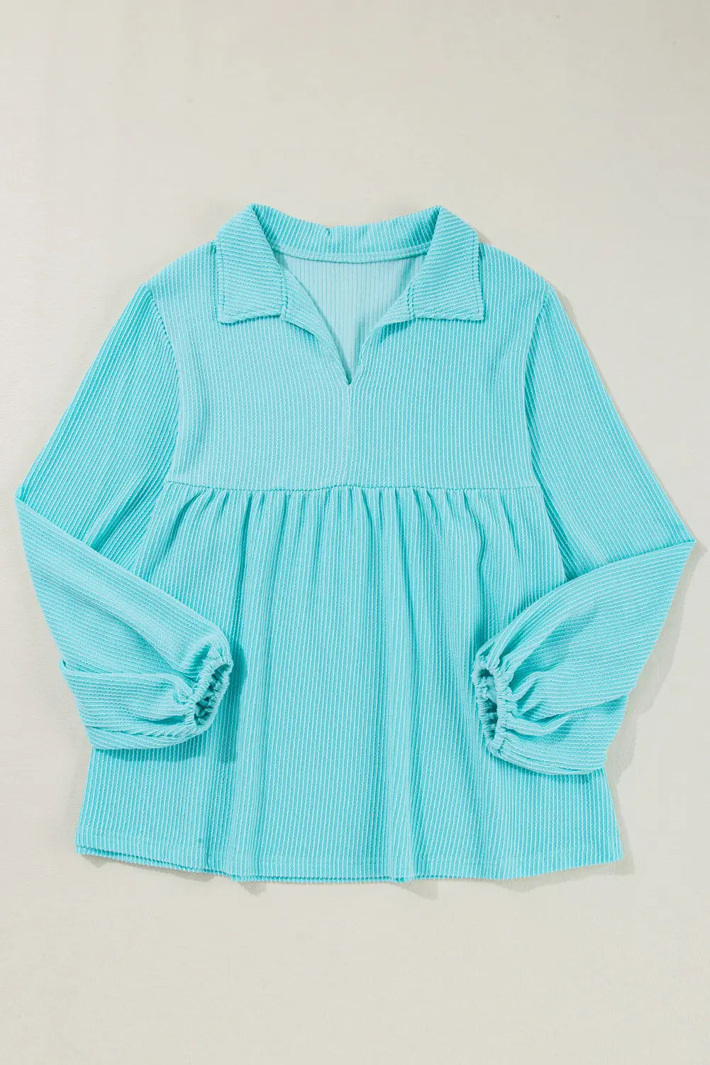 Turquoise Cordrd Balloon Sleeve Collar Plus Babydoll Top - eAura
