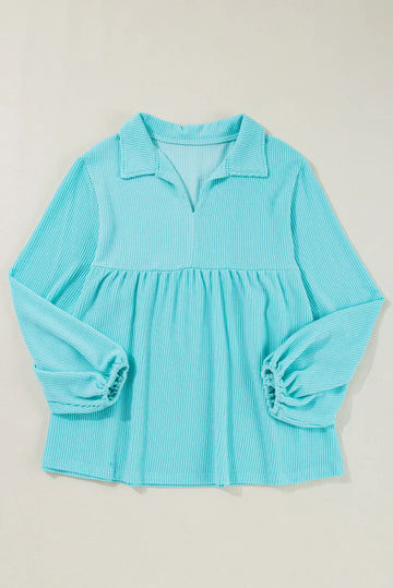 Turquoise Cordrd Balloon Sleeve Collar Plus Babydoll Top - eAura