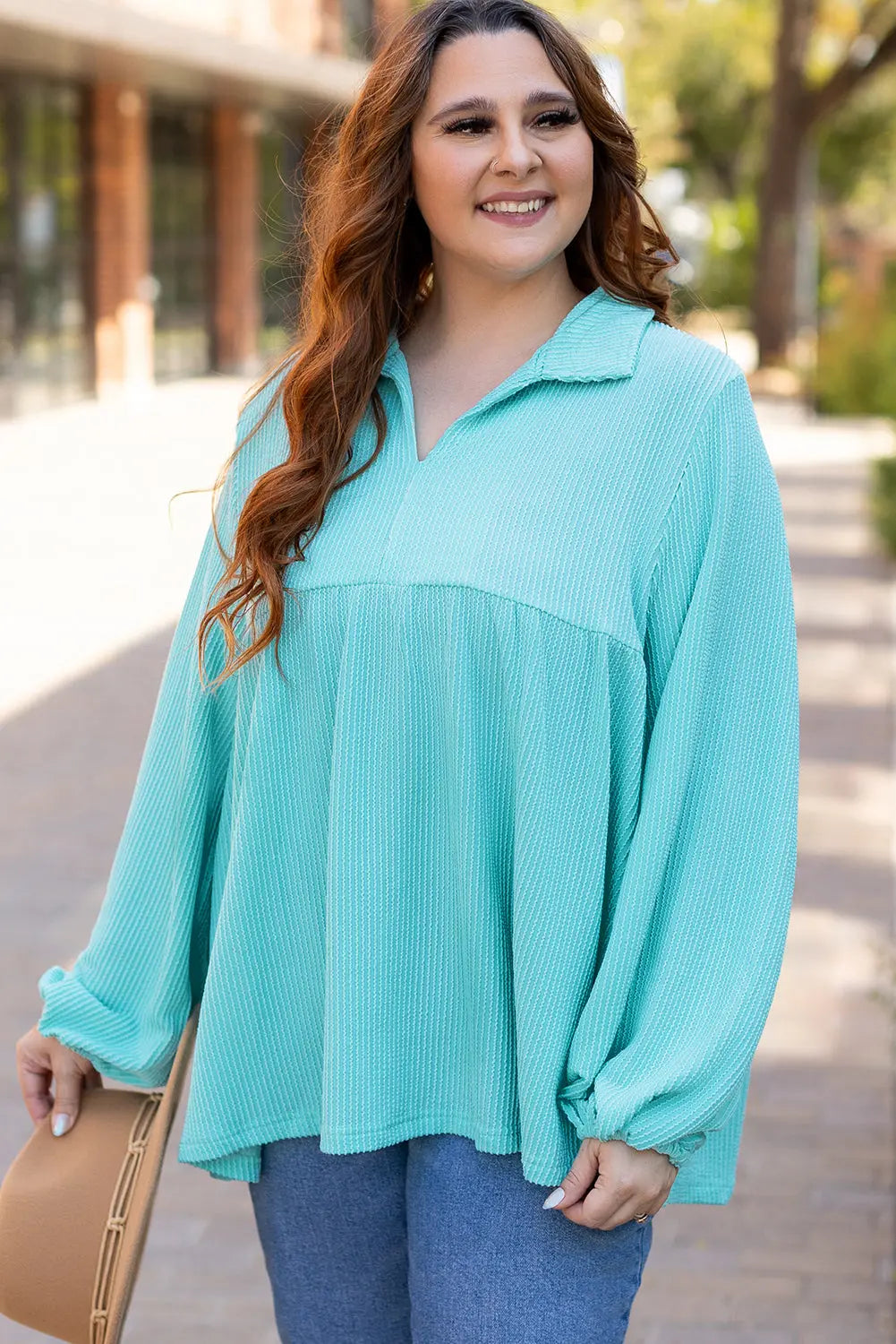 Turquoise Cordrd Balloon Sleeve Collar Plus Babydoll Top - eAura