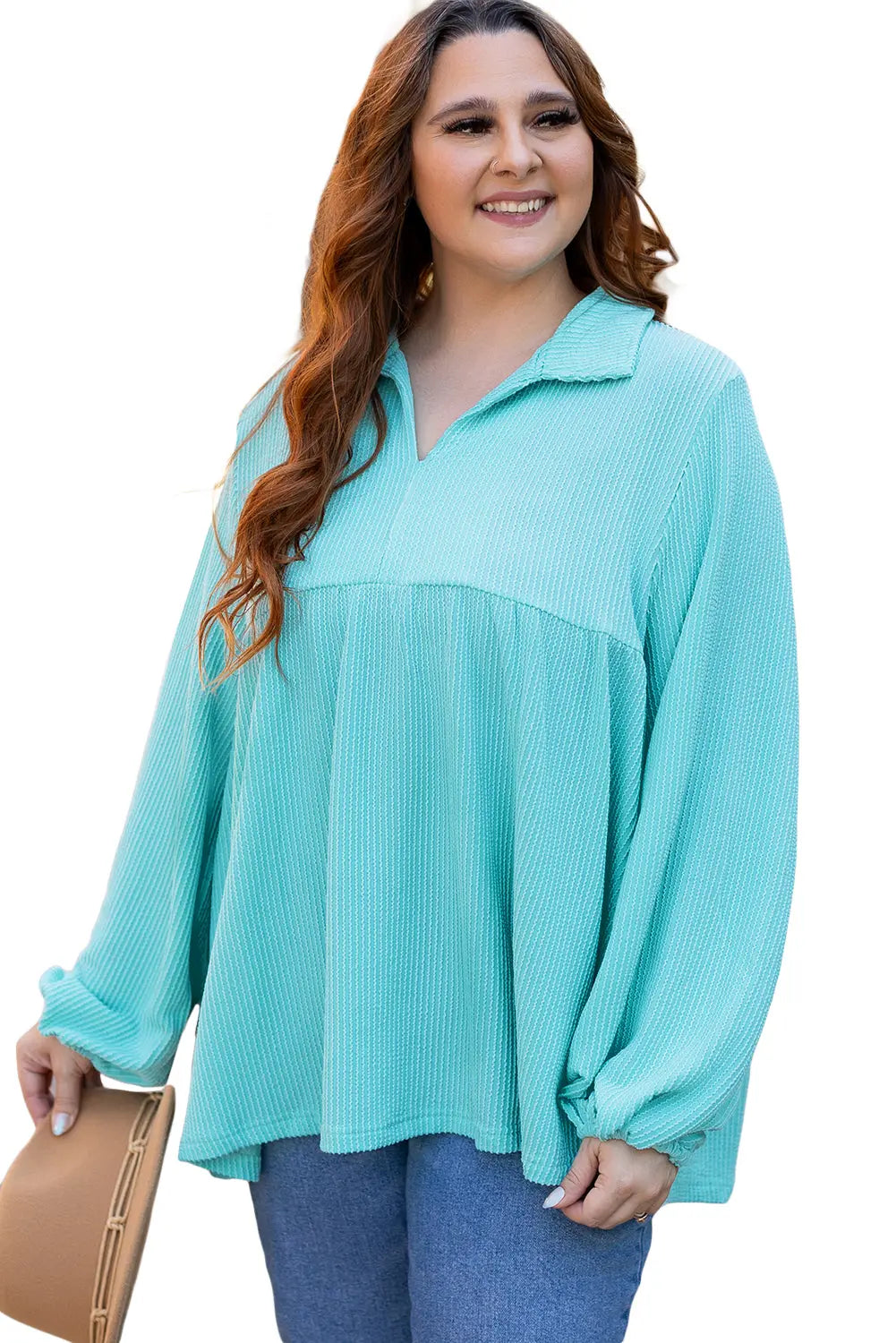 Turquoise Cordrd Balloon Sleeve Collar Plus Babydoll Top - eAura