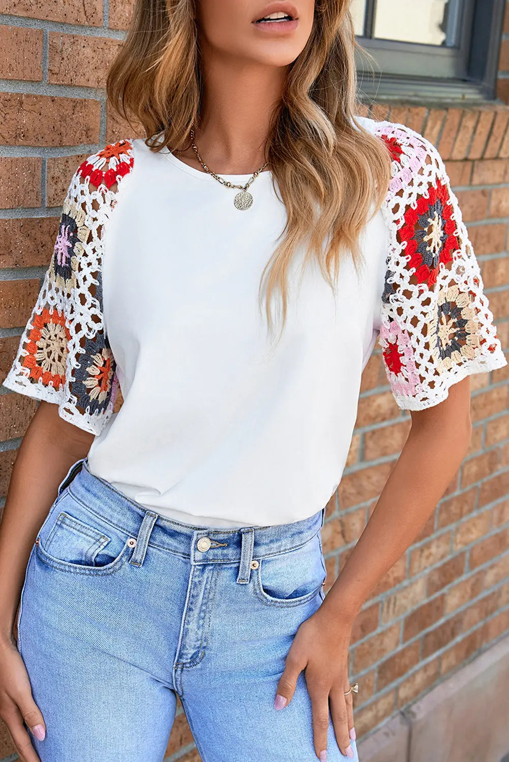 Turquoise Floral Crochet Short Sleeve Top - BB Fashion Outlet