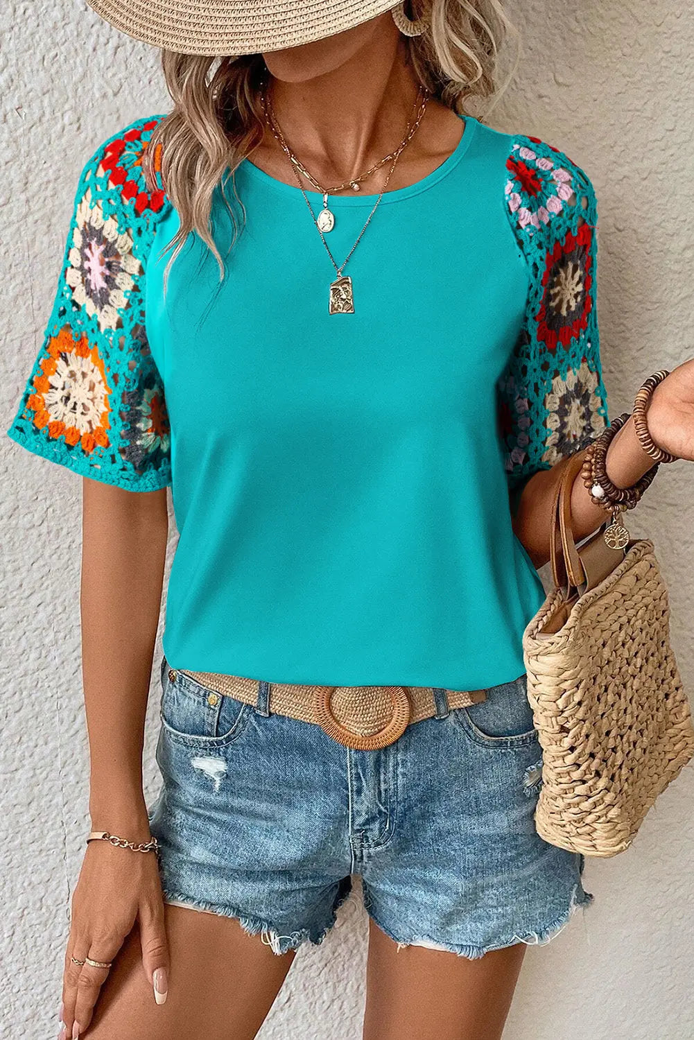 Turquoise Floral Crochet Short Sleeve Top beagle boutique