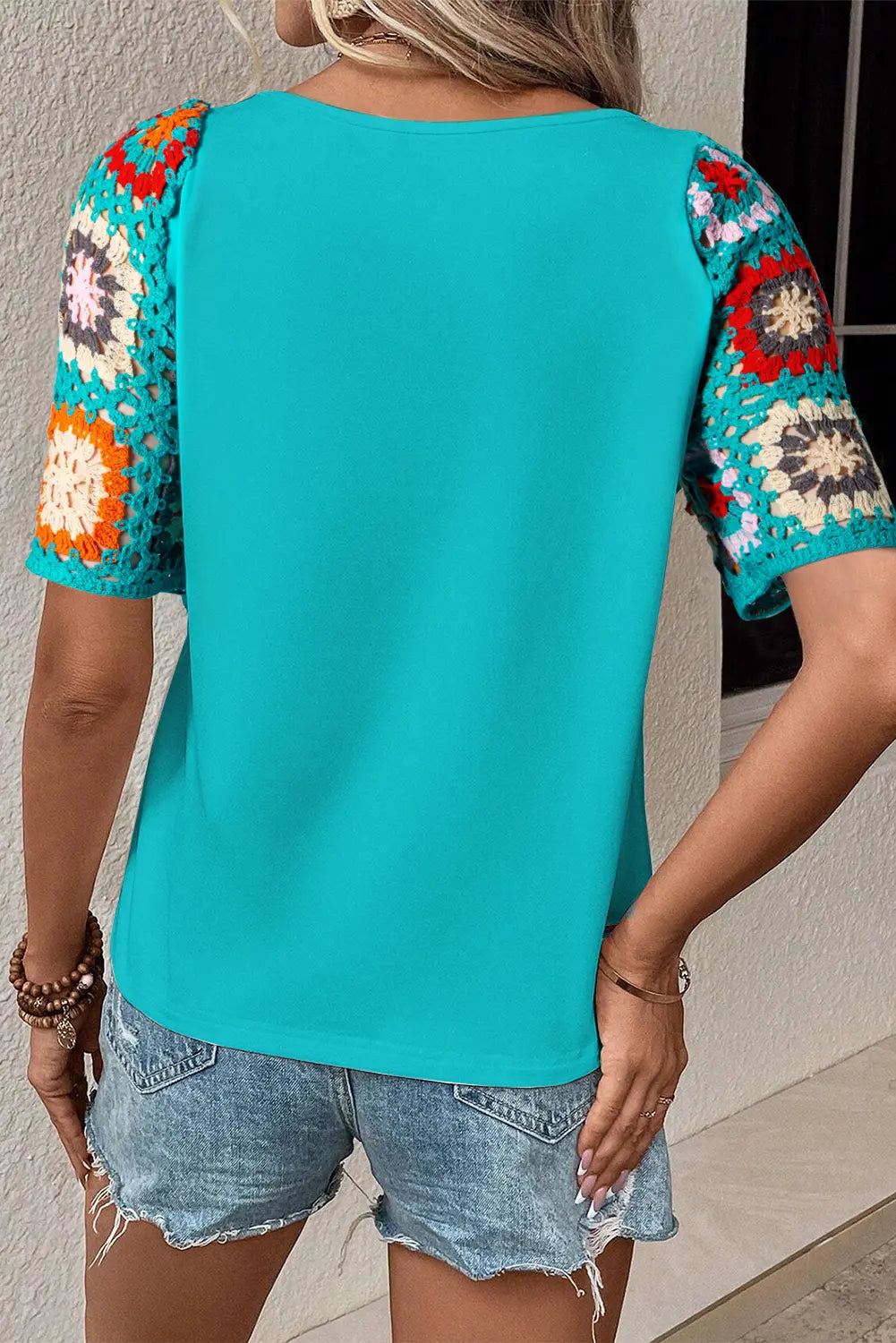Turquoise Floral Crochet Short Sleeve Top beagle boutique
