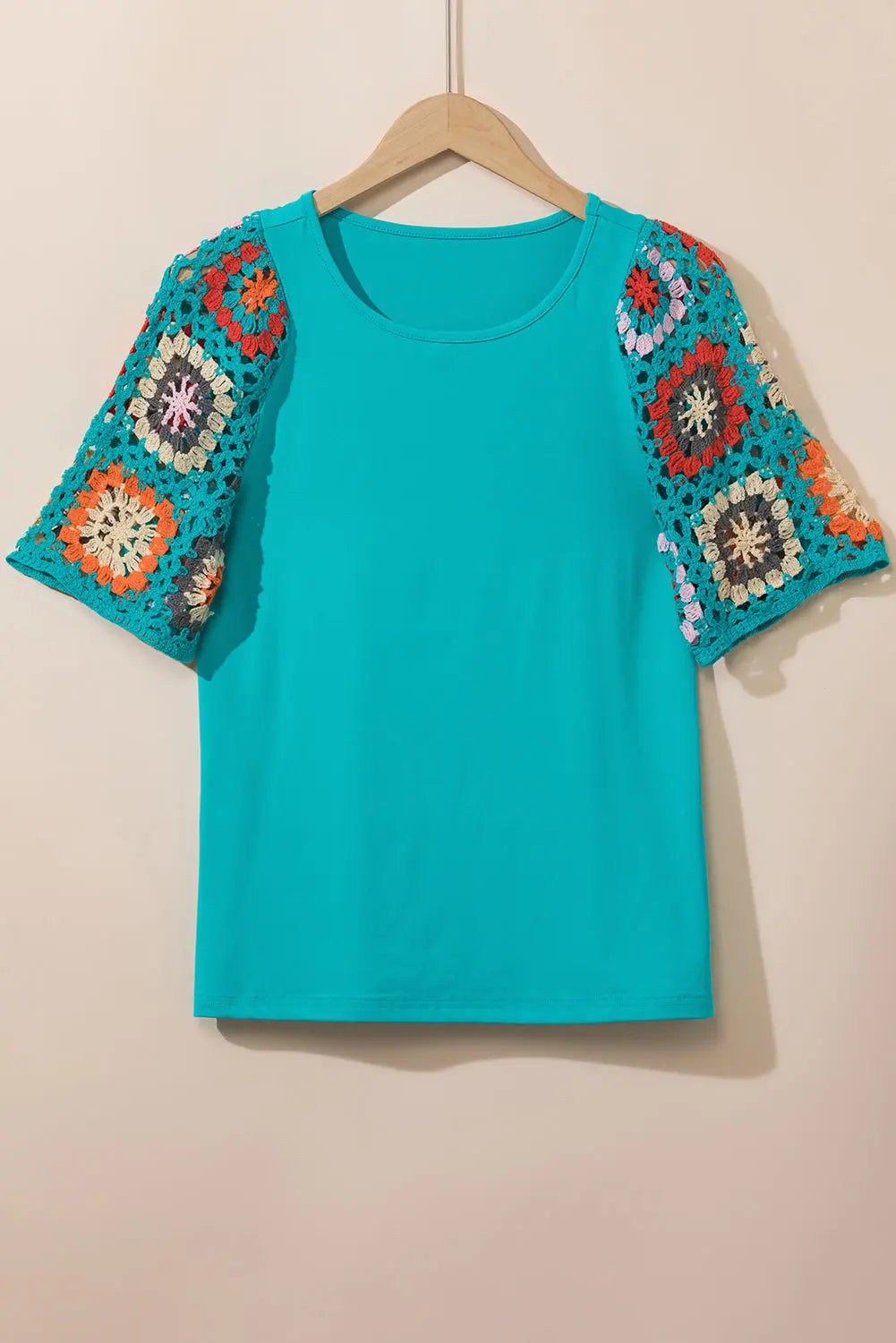 Turquoise Floral Crochet Short Sleeve Top beagle boutique
