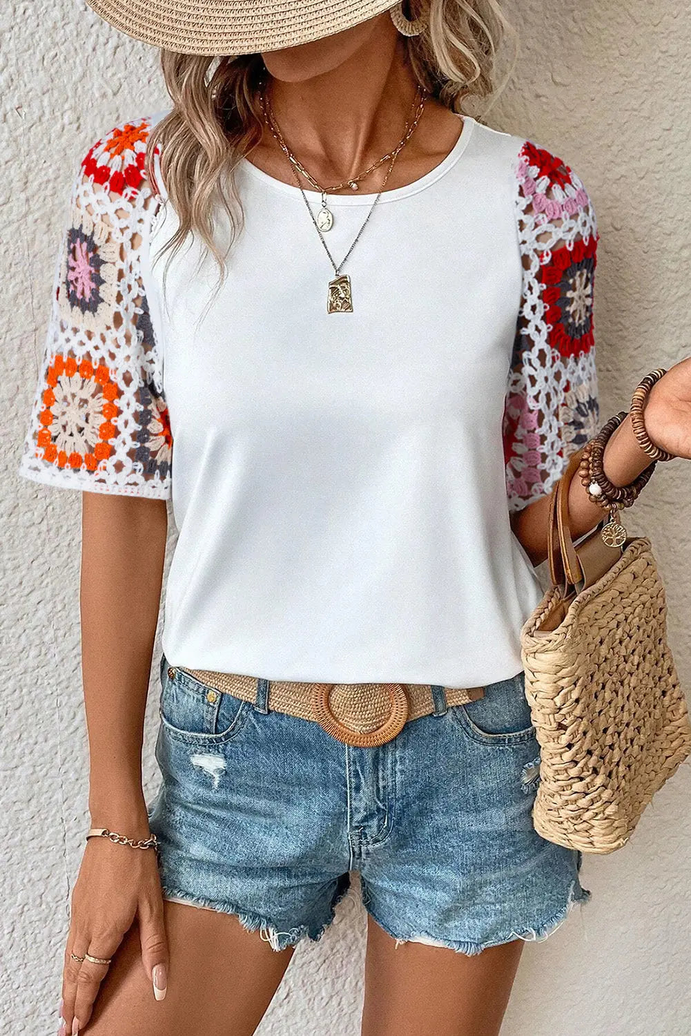 Turquoise Floral Crochet Short Sleeve Top beagle boutique