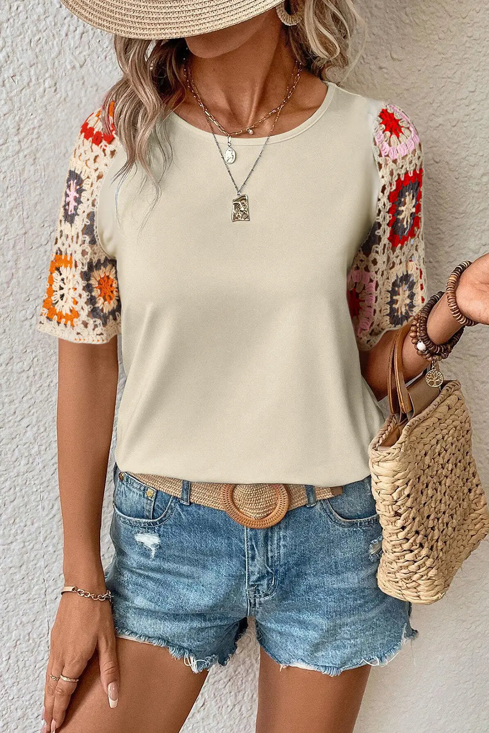 Turquoise Floral Crochet Short Sleeve Top beagle boutique