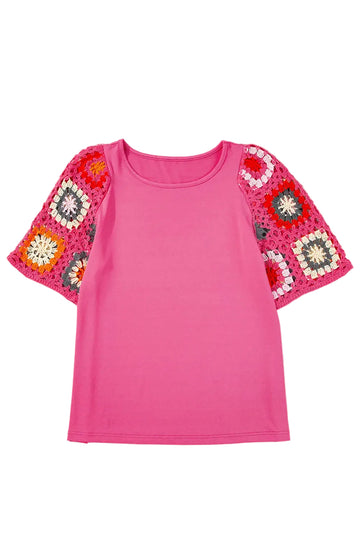 Turquoise Floral Crochet Short Sleeve Top - Tops/Tops & Tees