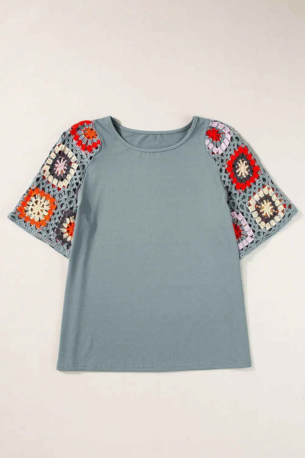 Turquoise Floral Crochet Short Sleeve Top - eAura