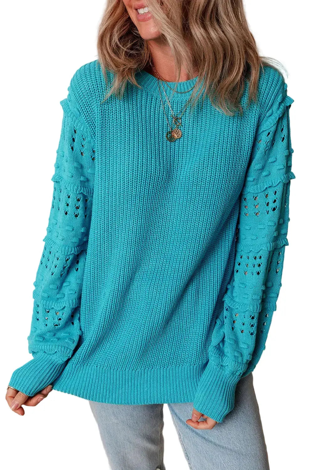 Ruffled Eyelet Bubble Sleeve Sweater