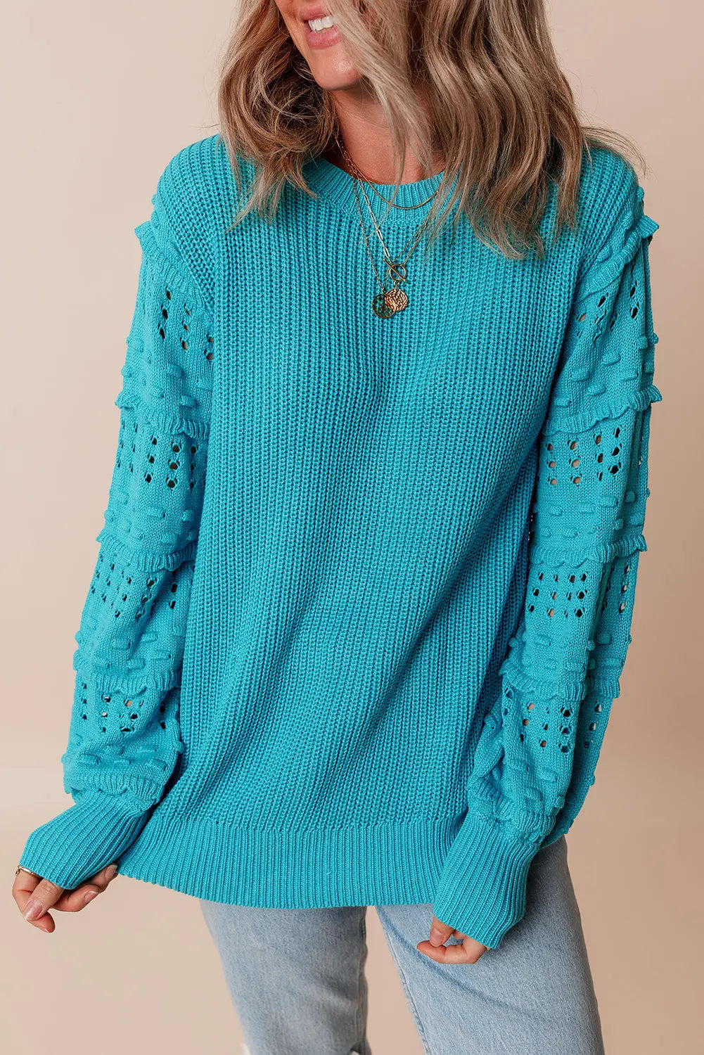 Turquoise Ruffled Eyelet Bubble Sleeve Sweater Beagle Boutique Fashion Outlet