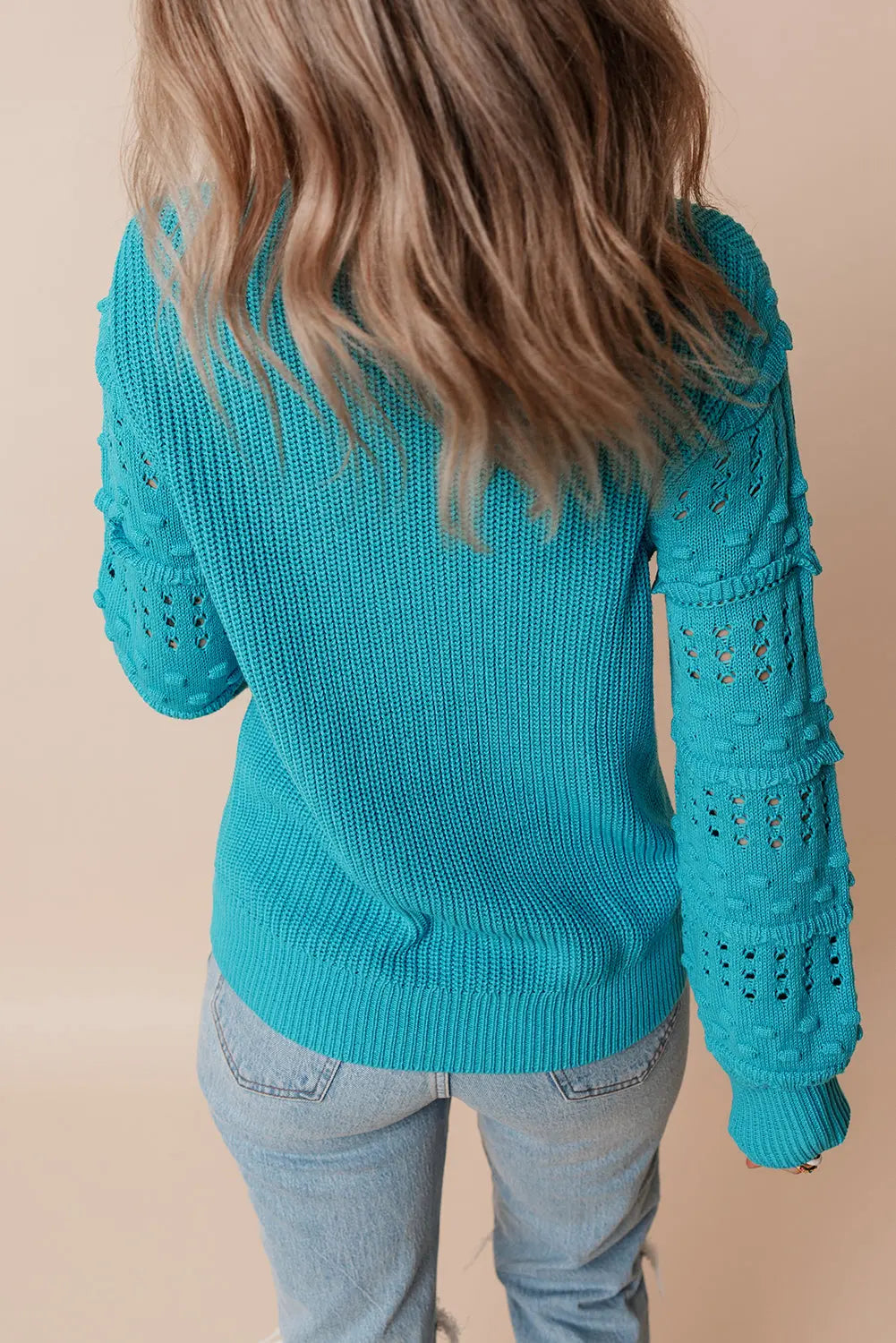 Turquoise Ruffled Eyelet Bubble Sleeve Sweater Beagle Boutique Fashion Outlet