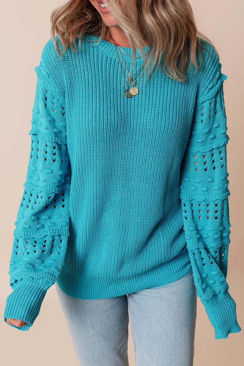 Turquoise Ruffled Eyelet Bubble Sleeve Sweater Beagle Boutique Fashion Outlet