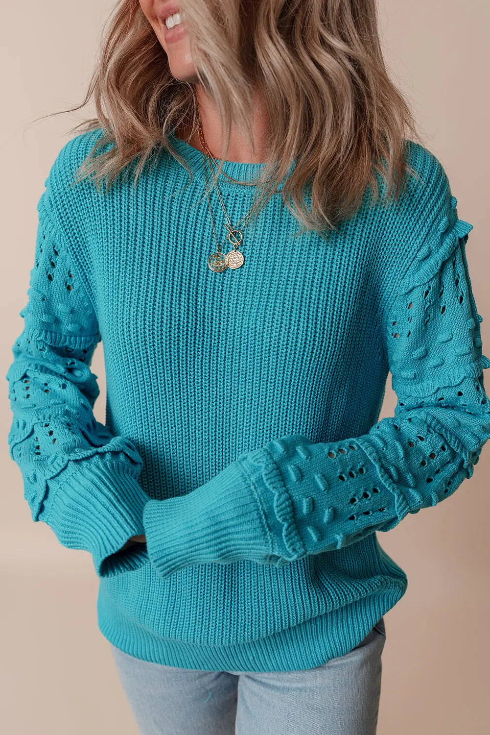 Turquoise Ruffled Eyelet Bubble Sleeve Sweater Beagle Boutique Fashion Outlet