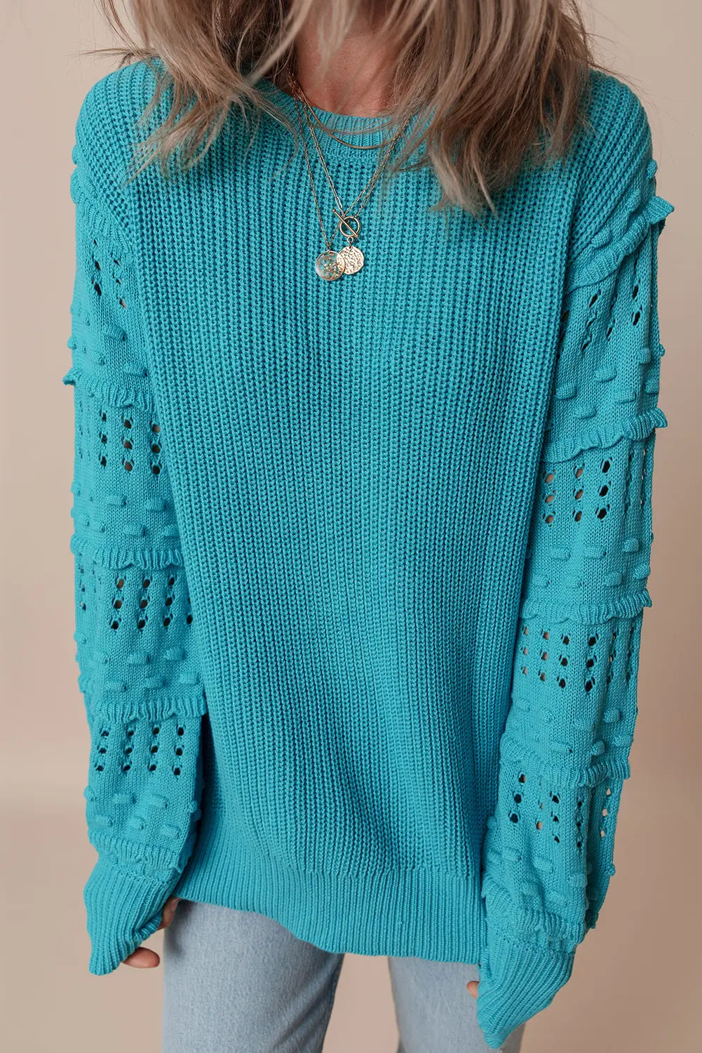 Turquoise Ruffled Eyelet Bubble Sleeve Sweater Beagle Boutique Fashion Outlet