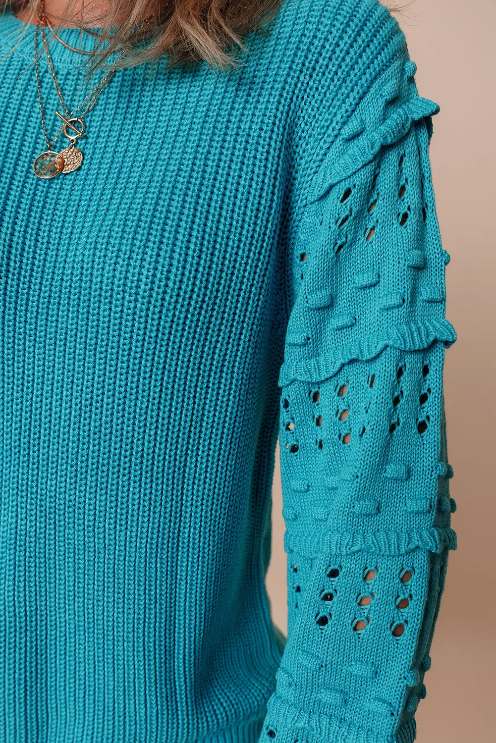 Turquoise Ruffled Eyelet Bubble Sleeve Sweater Beagle Boutique Fashion Outlet