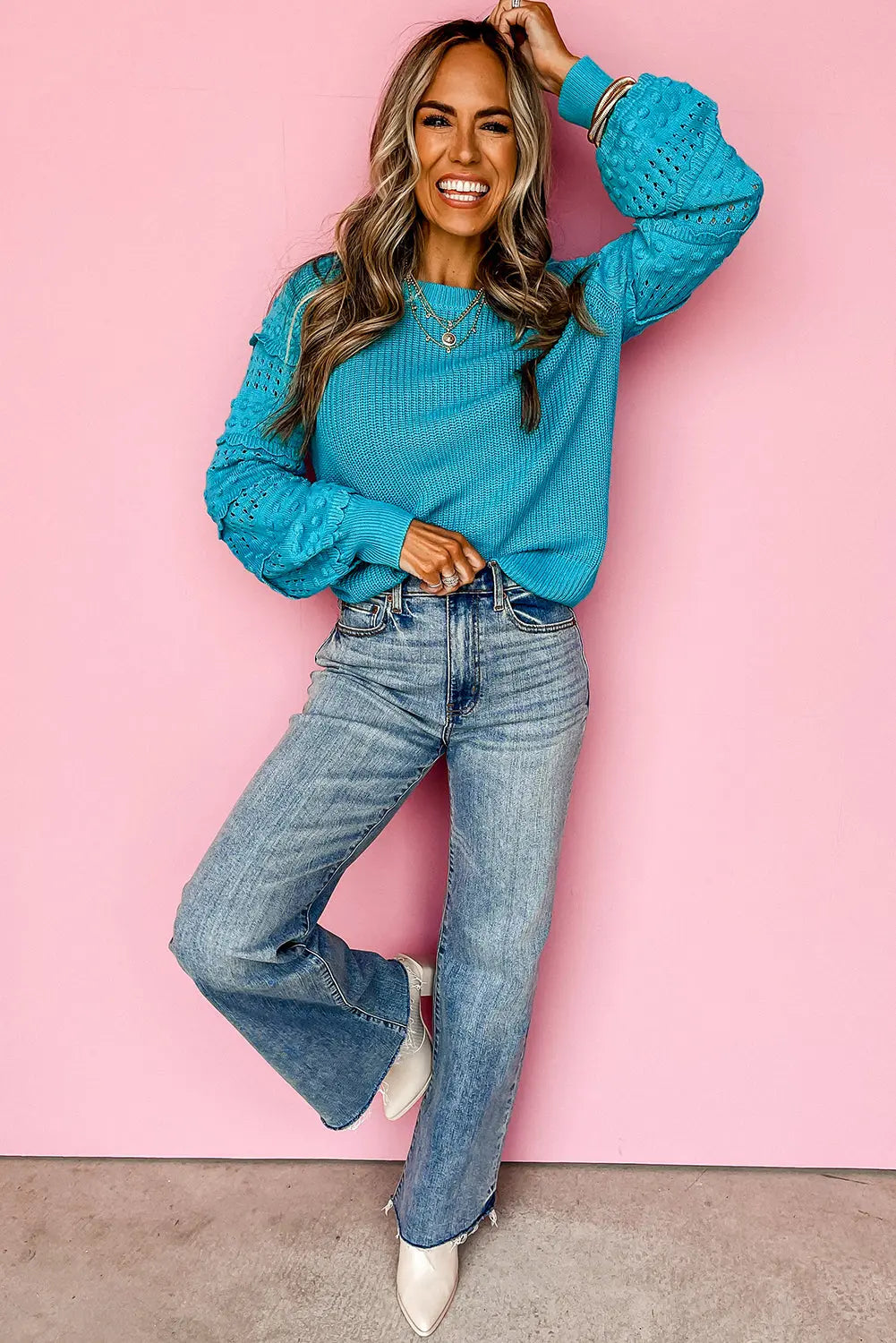Turquoise Ruffled Eyelet Bubble Sleeve Sweater Beagle Boutique Fashion Outlet