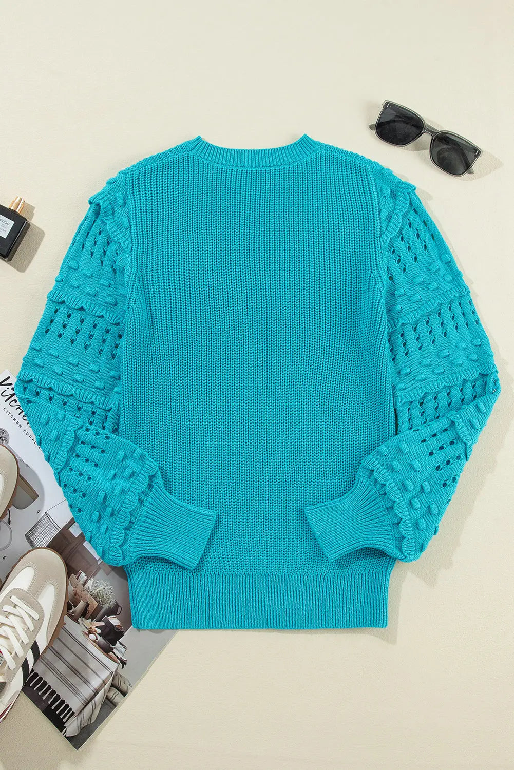 Turquoise Ruffled Eyelet Bubble Sleeve Sweater Beagle Boutique Fashion Outlet