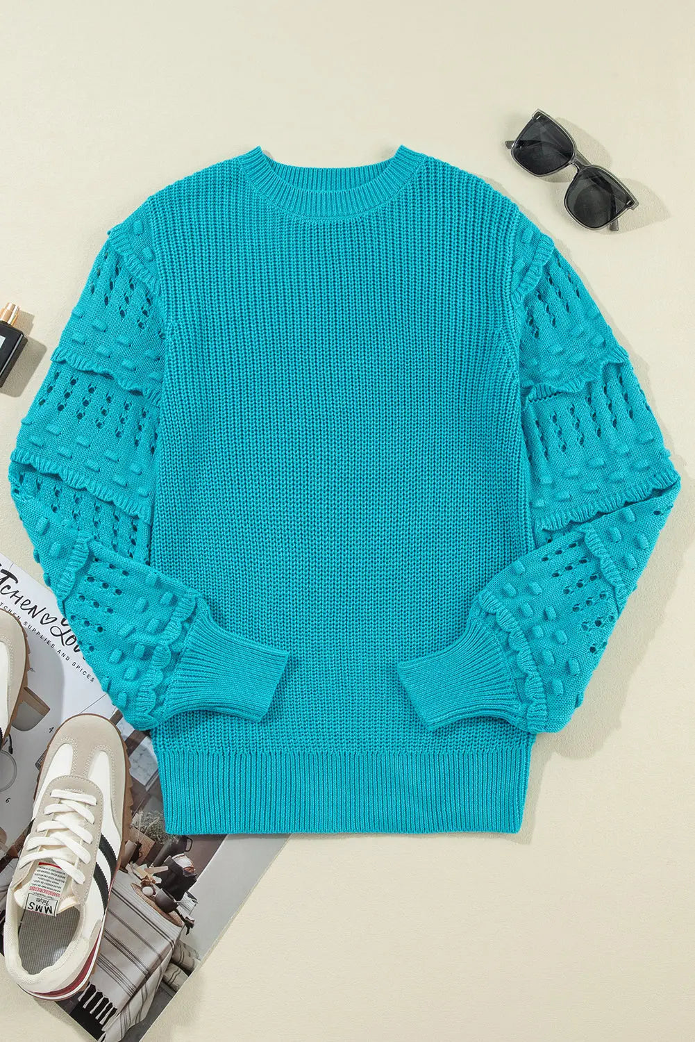 Turquoise Ruffled Eyelet Bubble Sleeve Sweater Beagle Boutique Fashion Outlet
