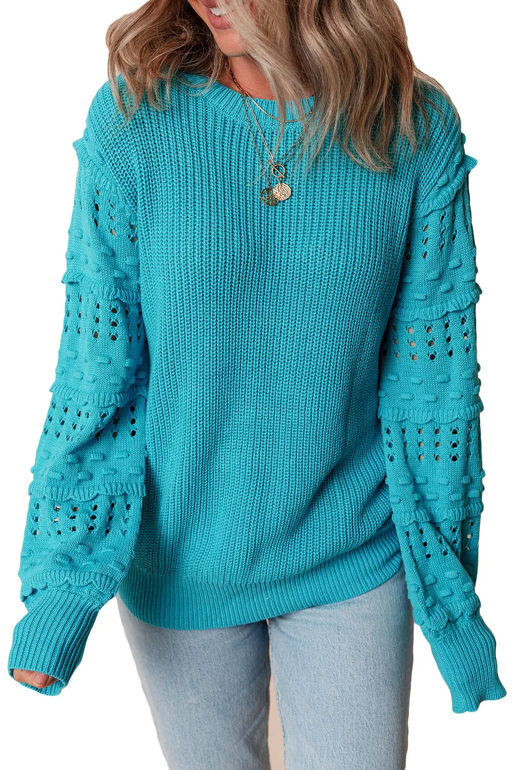 Turquoise Ruffled Eyelet Bubble Sleeve Sweater Beagle Boutique Fashion Outlet