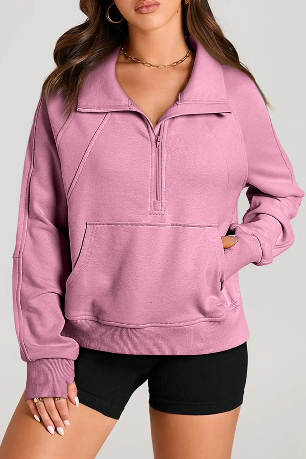 Valerian Quarter Zip Stand Neck Kangaroo Pocket Sweatshirt Beagle Boutique Fashion Outlet