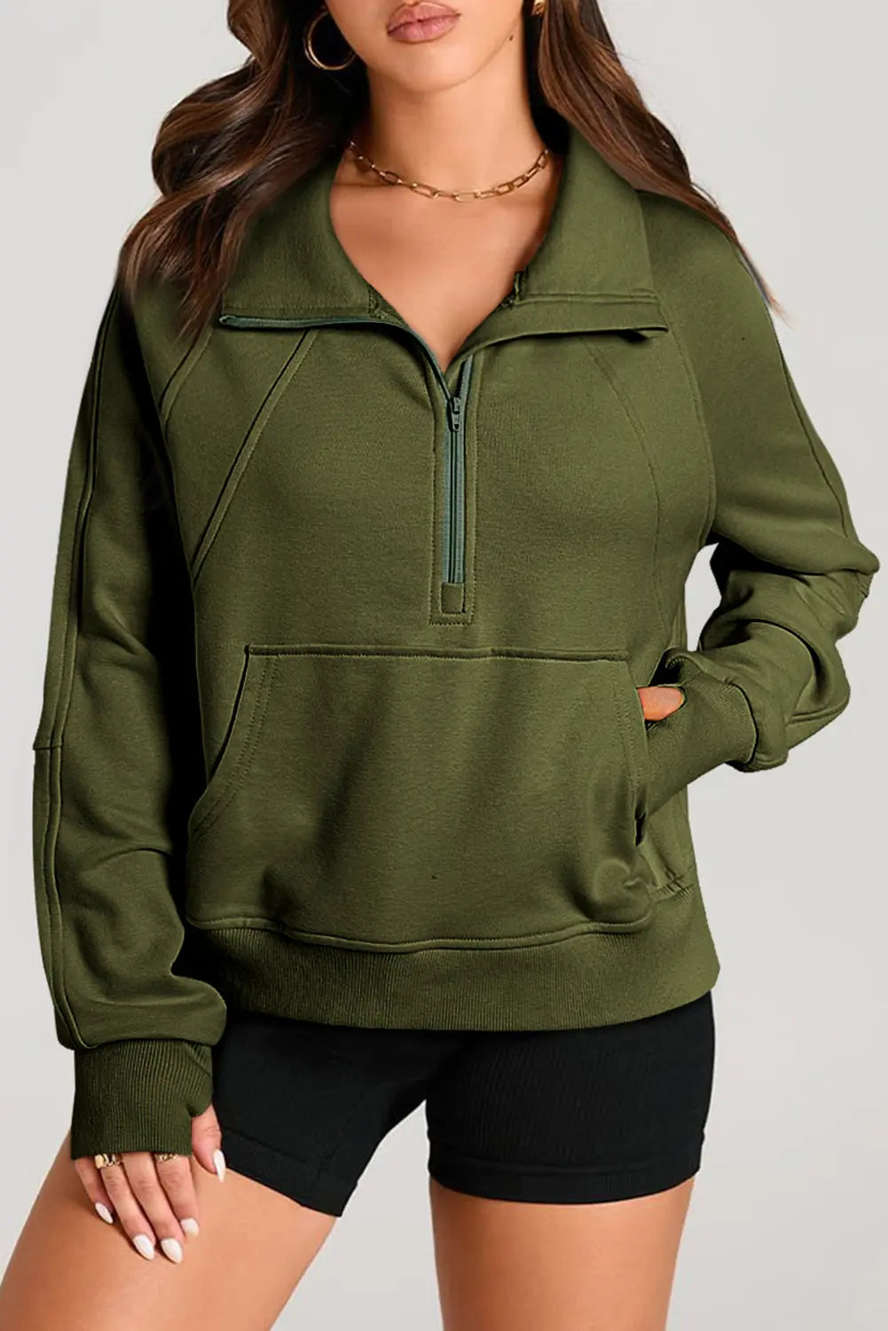 Valerian Quarter Zip Stand Neck Kangaroo Pocket Sweatshirt Beagle Boutique Fashion Outlet
