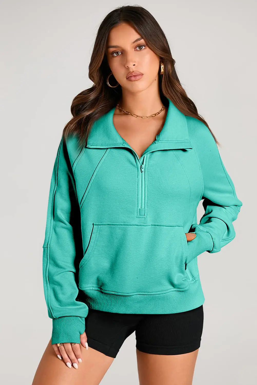 Valerian Quarter Zip Stand Neck Kangaroo Pocket Sweatshirt - eAura
