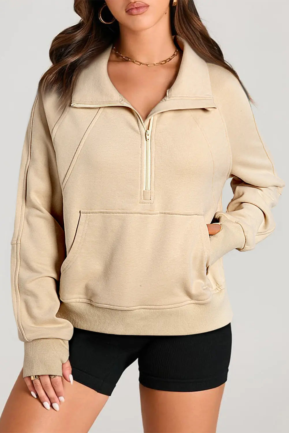 Valerian Quarter Zip Stand Neck Kangaroo Pocket Sweatshirt - eAura