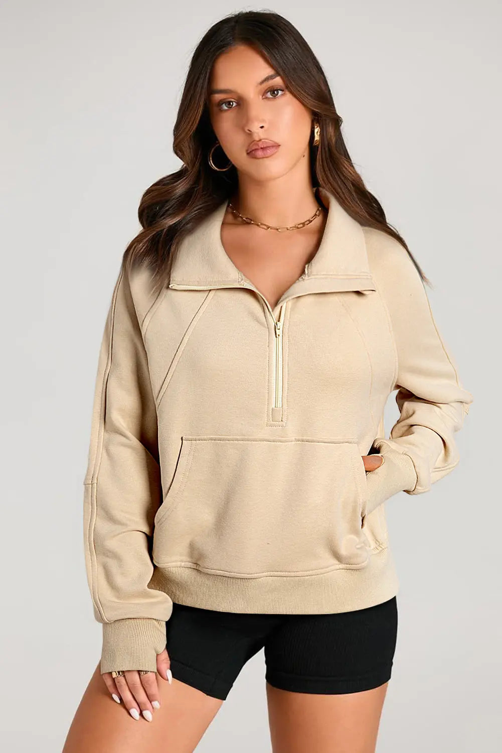 Valerian Quarter Zip Stand Neck Kangaroo Pocket Sweatshirt - eAura