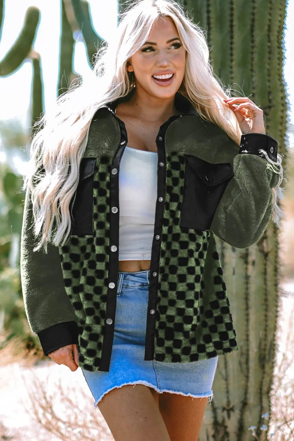 Vineyard Green Fleece Checkerboard Flap Pocket Snap Button Jacket - BB Fashion Outlet