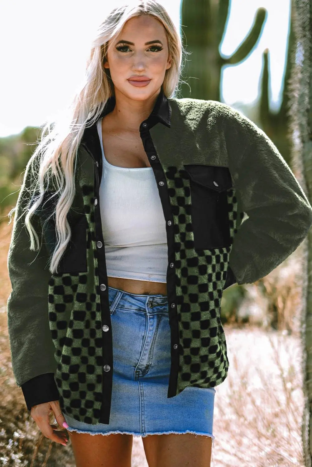 Vineyard Green Fleece Checkerboard Flap Pocket Snap Button Jacket - BB Fashion Outlet