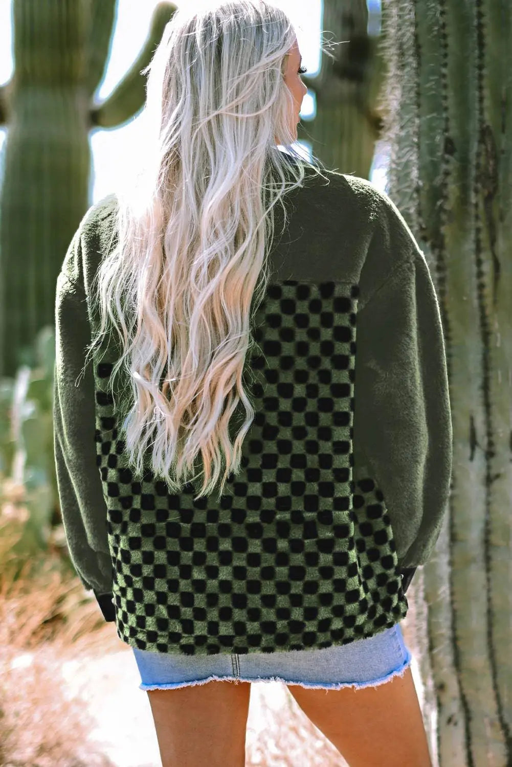 Vineyard Green Fleece Checkerboard Flap Pocket Snap Button Jacket - BB Fashion Outlet