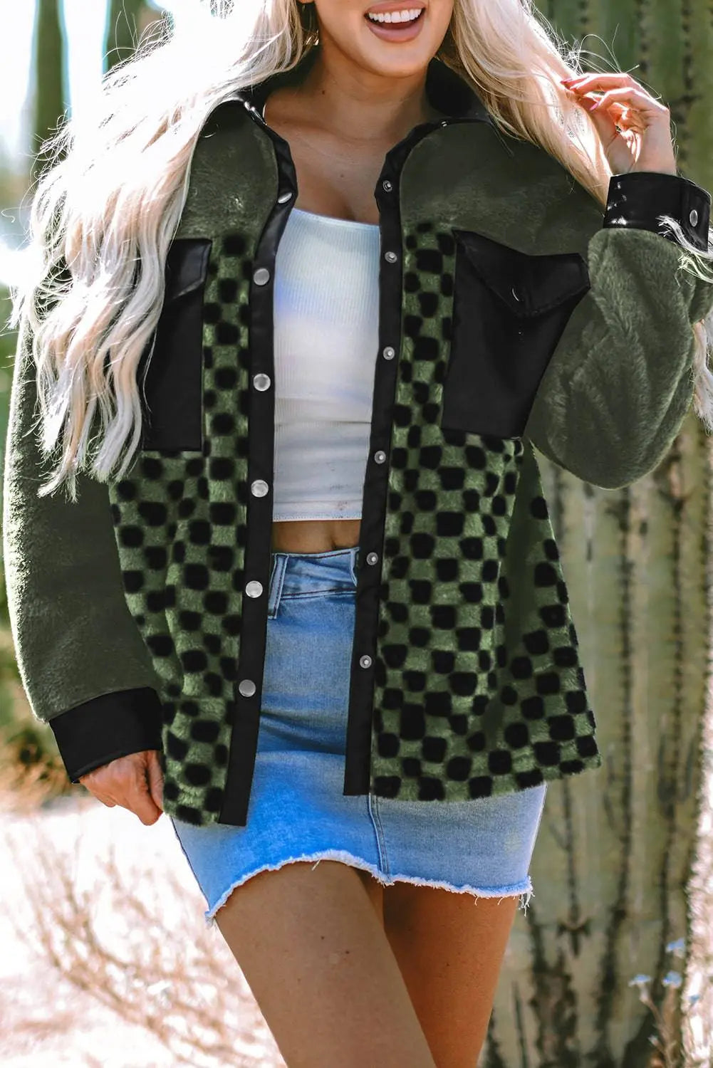 Vineyard Green Fleece Checkerboard Flap Pocket Snap Button Jacket - BB Fashion Outlet