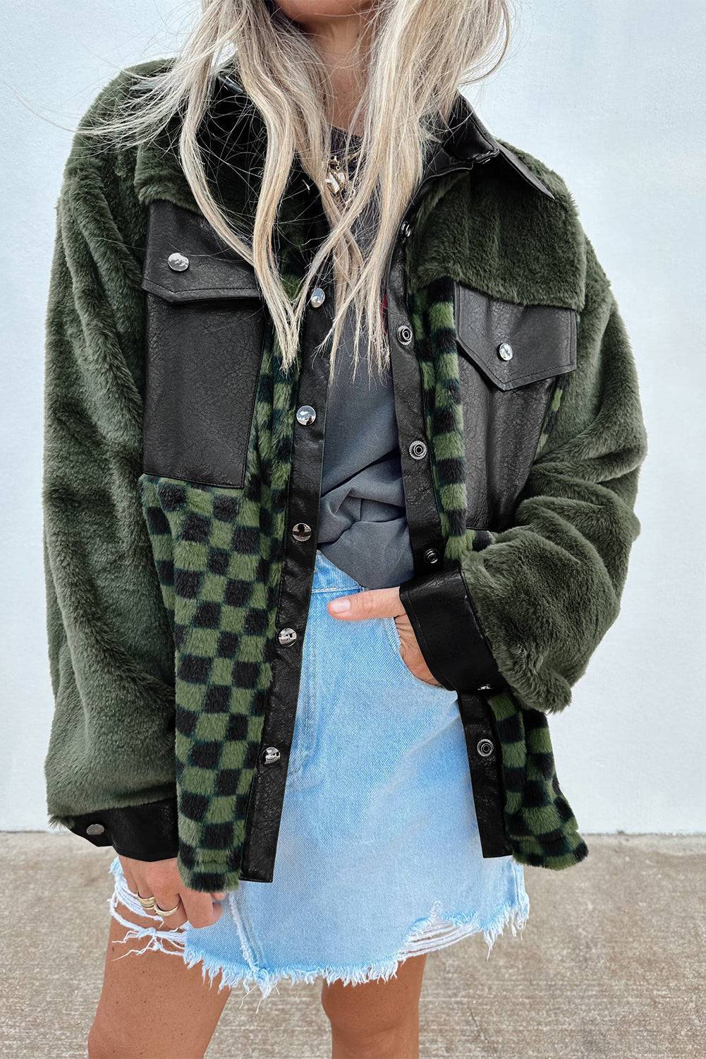 Vineyard Green Fleece Checkerboard Flap Pocket Snap Button Jacket - BB Fashion Outlet