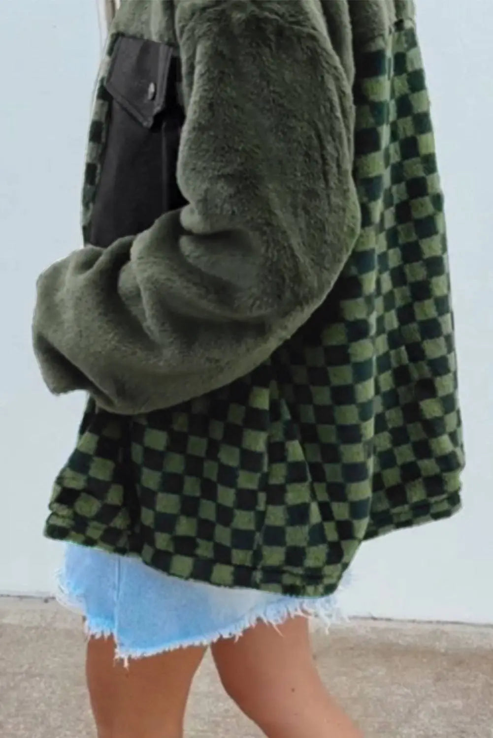 Vineyard Green Fleece Checkerboard Flap Pocket Snap Button Jacket - BB Fashion Outlet
