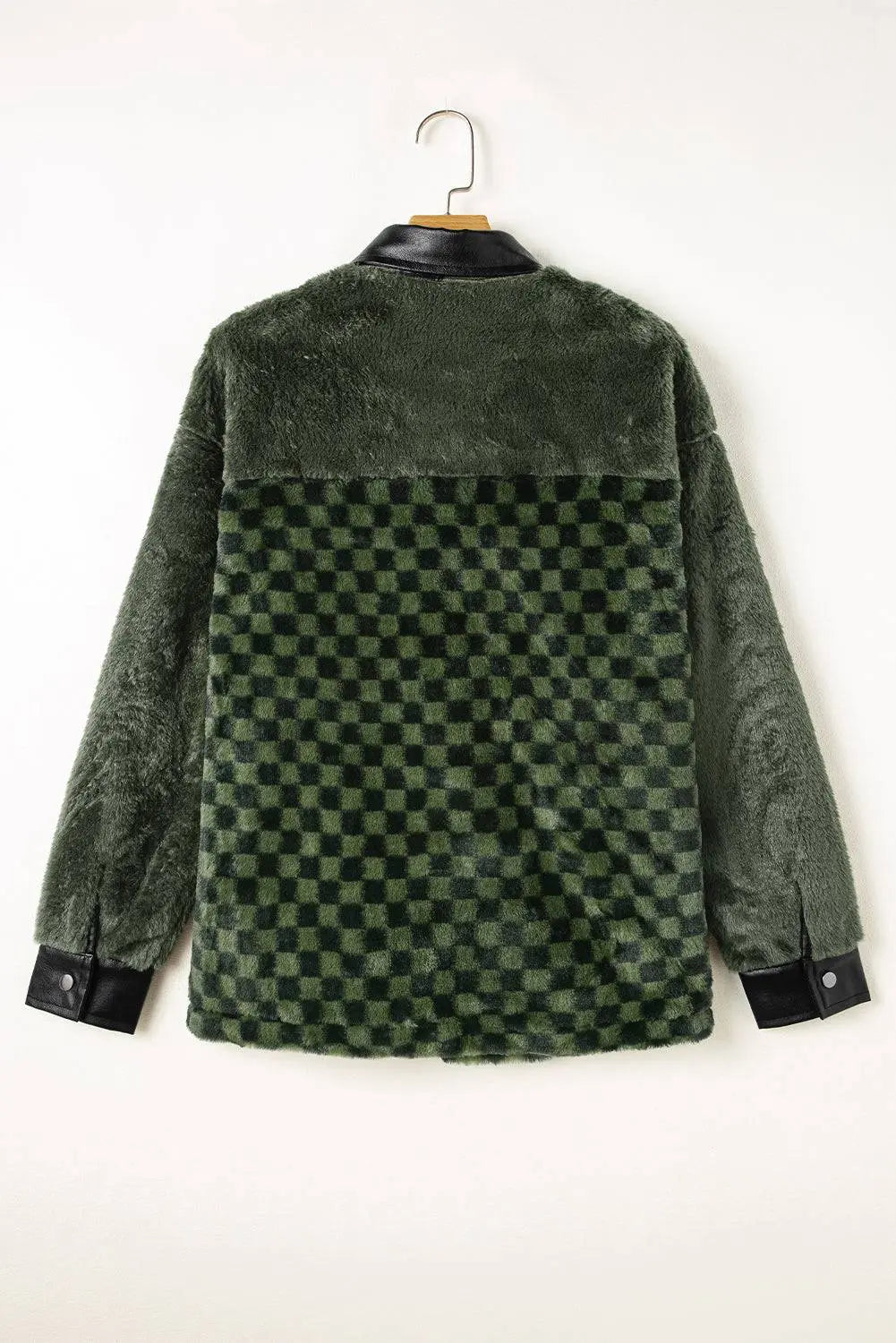 Vineyard Green Fleece Checkerboard Flap Pocket Snap Button Jacket - BB Fashion Outlet